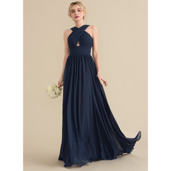 A-Line V-neck Sweep Train Chiffon Bridesmaid Dress With Ruffle