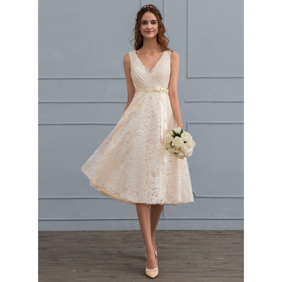 A-Line V-neck Knee-Length Lace Wedding Dress With Bow(s)