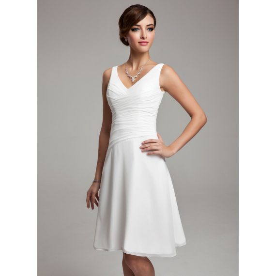 A-Line V-neck Knee-Length Chiffon Wedding Dress With Ruffle Beading Sequins