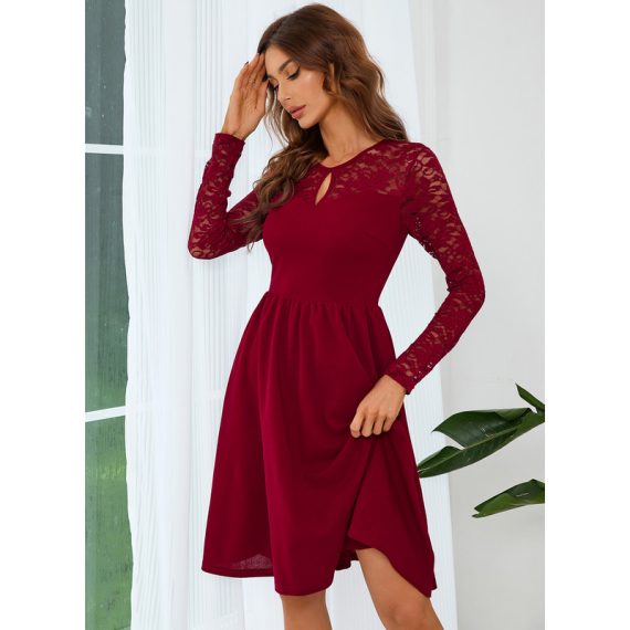 Lace Round Neck Long Sleeves Elegant A-line Cotton Blends Mini Dresses