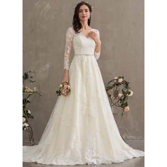 Ball-Gown/Princess V-neck Chapel Train Tulle Lace Wedding Dress With Beading Sequins