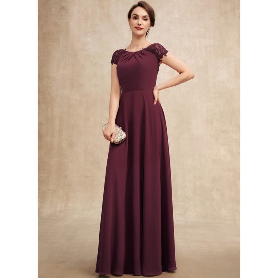 A-Line Scoop Floor-Length Chiffon Mother of the Bride Dress With Appliques Lace Pleated