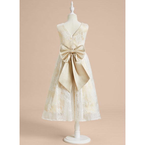 A-line Scoop Tea-Length Lace/Satin Flower Girl Dress