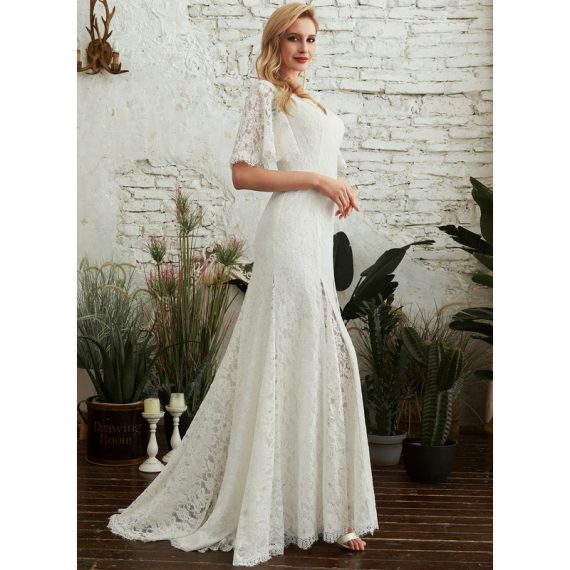 Sheath/Column V-Neck Sweep Train Lace Wedding Dress