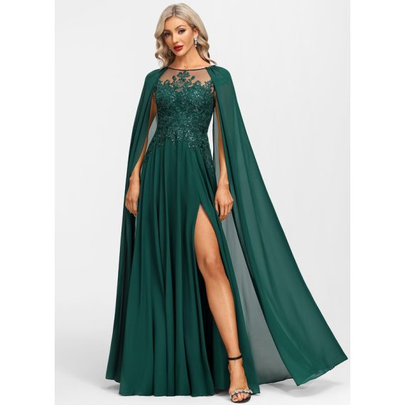 A-Line Scoop Illusion Floor-Length Chiffon Lace Evening Dress With Sequins
