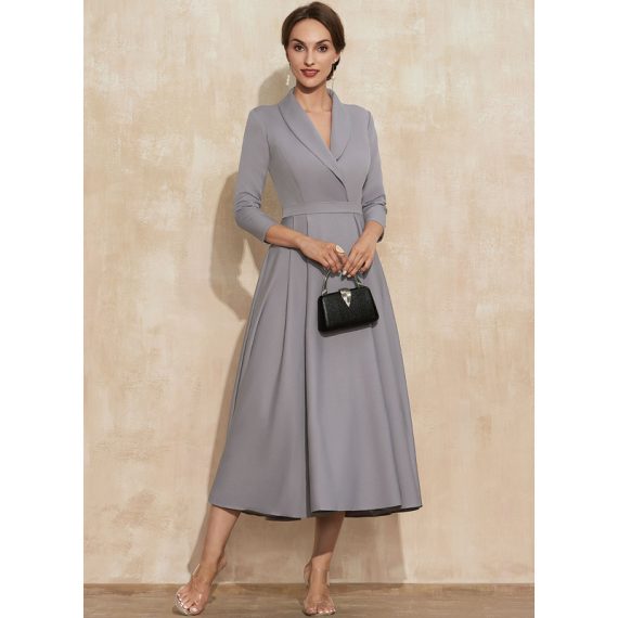A-line V-Neck Tea-length Stretch Crepe Cocktail Dress