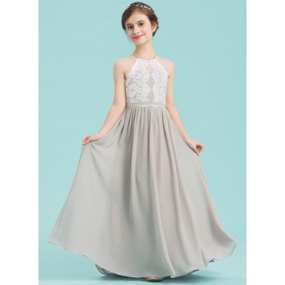 A-Line Halter Floor-Length Chiffon Lace Junior Bridesmaid Dress