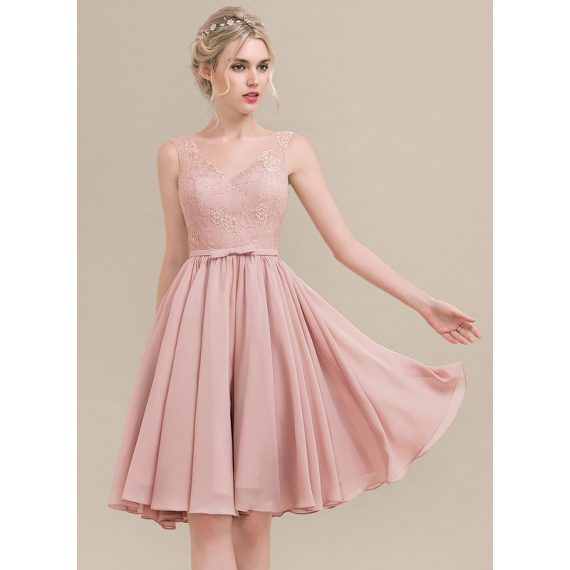 A-Line V-neck Knee-Length Chiffon Lace Homecoming Dress With Bow(s)