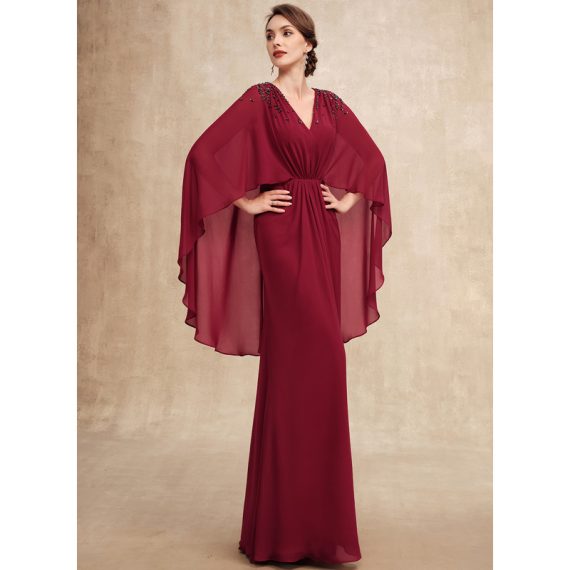 A-Line V-neck Floor-Length Chiffon Mother of the Bride Dress With Beading Sequins Pleated