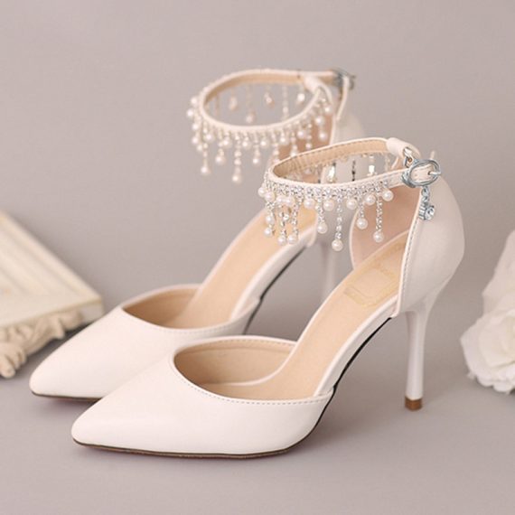 Women's Leatherette Stiletto Heel High Heel Closed Toe With ankle strap Pearl & Imitation Pearl Chain
