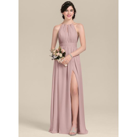 A-Line Scoop Floor-Length Chiffon Bridesmaid Dress With Ruffle Bow(s)