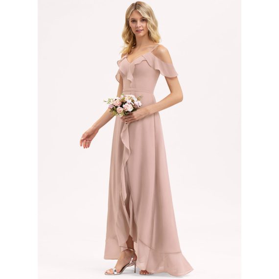 A-Line V-neck Asymmetrical Chiffon Bridesmaid Dress With Cascading Ruffles