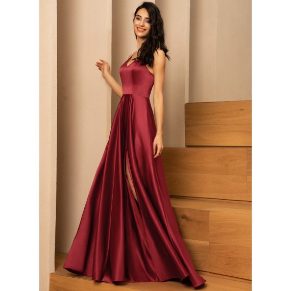 A-Line V-neck Floor-Length Satin Bridesmaid Dress