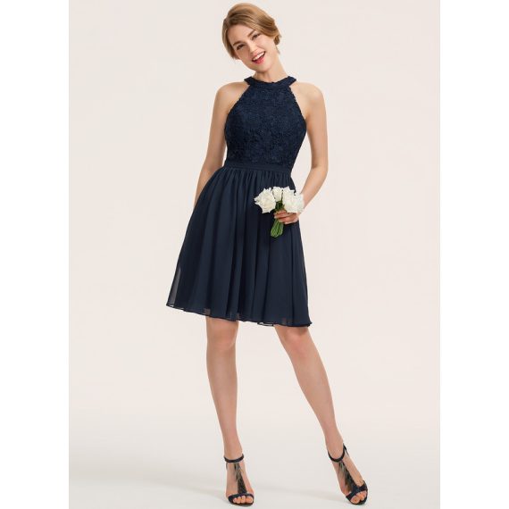 A-Line Scoop Knee-Length Chiffon Lace Bridesmaid Dress With Ruffle