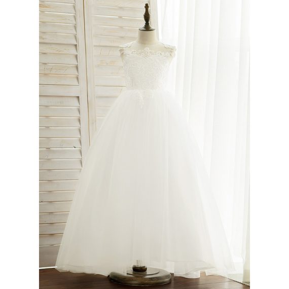 Ball-Gown/Princess Scoop Floor-Length Lace/Satin/Tulle Flower Girl Dress