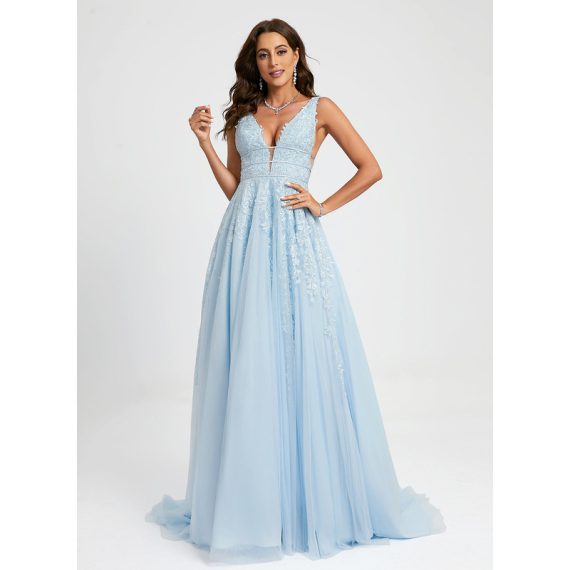 Ball-Gown/Princess V-Neck Sweep Train Lace Tulle Prom Dresses With Beading