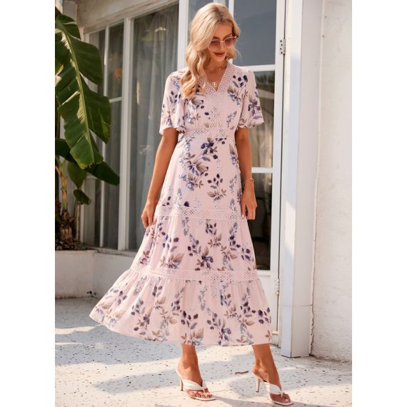 V-Neck Short Sleeves Elegant A-line Chiffon Midi Dresses