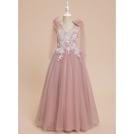 A-line V-Neck Floor-Length Lace/Tulle Flower Girl Dress