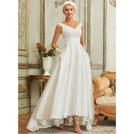 Ball-Gown/Princess V-neck Asymmetrical Satin Wedding Dress