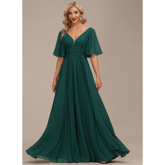 A-line V-Neck Floor-Length Chiffon Mother of the Bride Dress With Pleated Appliques Lace Sequins