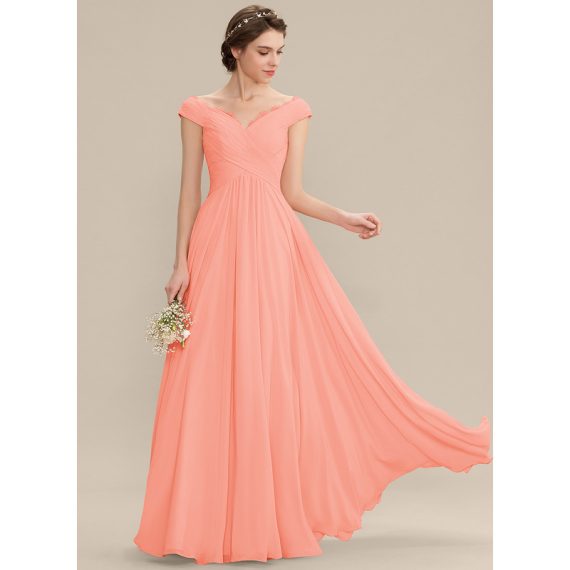 A-Line Off-the-Shoulder Floor-Length Chiffon Bridesmaid Dress With Ruffle Lace