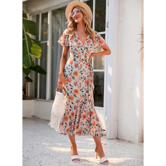 V-Neck Short Sleeves Elegant A-line Chiffon Midi Dresses