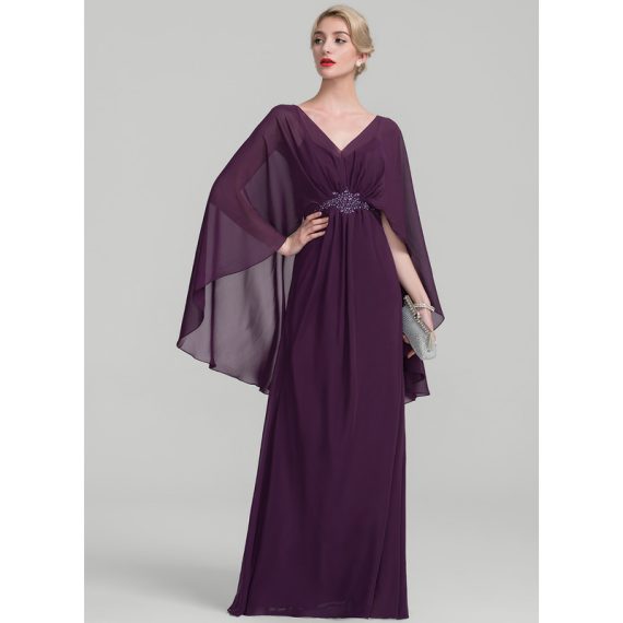 A-line V-Neck Floor-length Chiffon Mother of the Bride Dress With Beading Ruffle