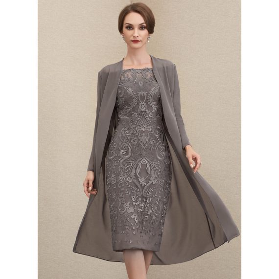 Sheath/Column Off-the-Shoulder Illusion Knee-Length Lace Mother of the Bride Dress