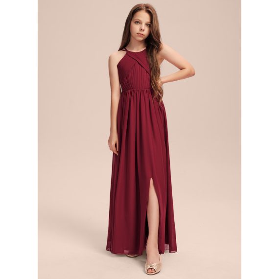 A-Line Scoop Floor-Length Chiffon Junior Bridesmaid Dress With Pleated