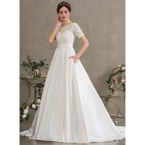 Ball-Gown/Princess Court Train Satin Lace Wedding Dress With Beading Sequins