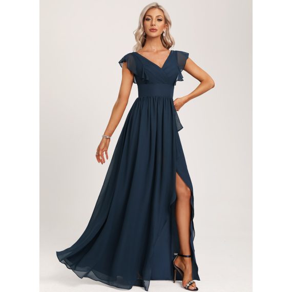 A-Line V-neck Asymmetrical Chiffon Bridesmaid Dress With Ruffle