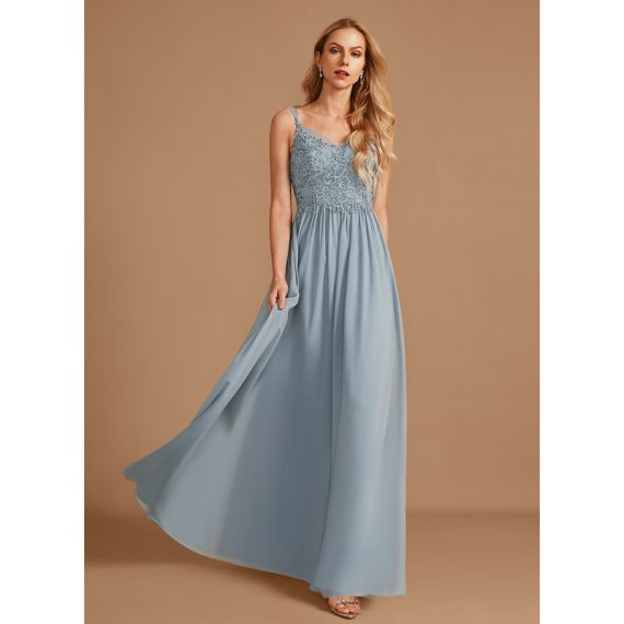 A-Line V-neck Floor-Length Chiffon Lace Bridesmaid Dress With Ruffle