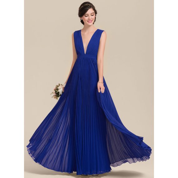 A-Line V-neck Floor-Length Chiffon Bridesmaid Dress With Bow(s) Pleated