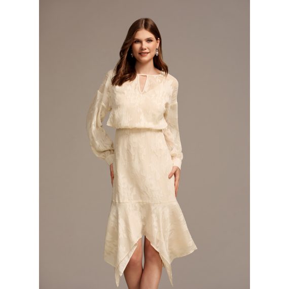 Round Neck Long Sleeves Elegant A-line Chiffon Asymmetrical Dresses