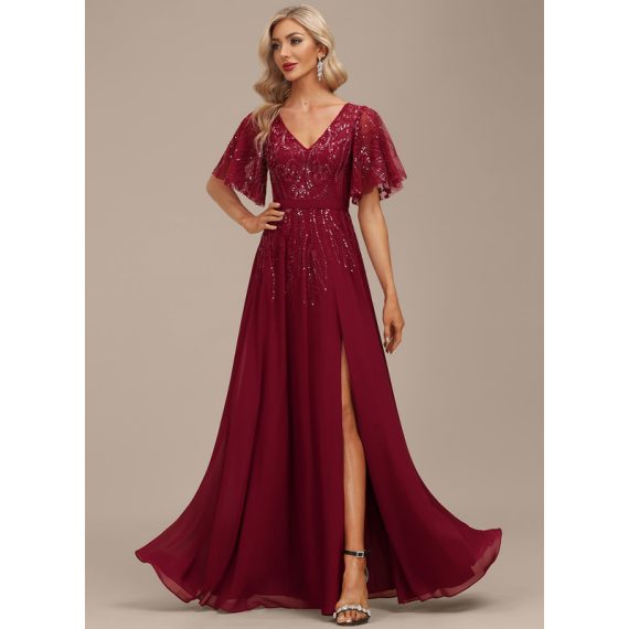 A-line V-Neck Floor-Length Chiffon Lace Mother of the Bride Dress With Sequins