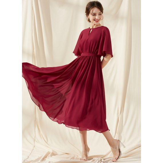 A-Line Scoop Tea-Length Chiffon Cocktail Dress With Ruffle Bow(s)