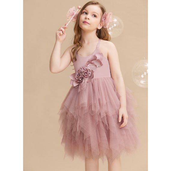 Ball-Gown/Princess Boat Neck Knee-Length Tulle Flower Girl Dress