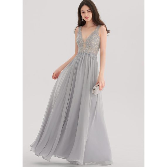 A-Line V-neck Floor-Length Chiffon Lace Prom Dresses With Rhinestone