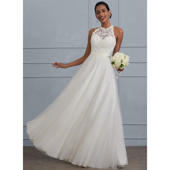 A-Line Floor-Length Tulle Charmeuse Lace Wedding Dress