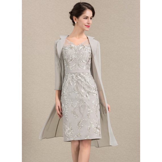 Sheath/Column V-neck Knee-Length Chiffon Lace Mother of the Bride Dress
