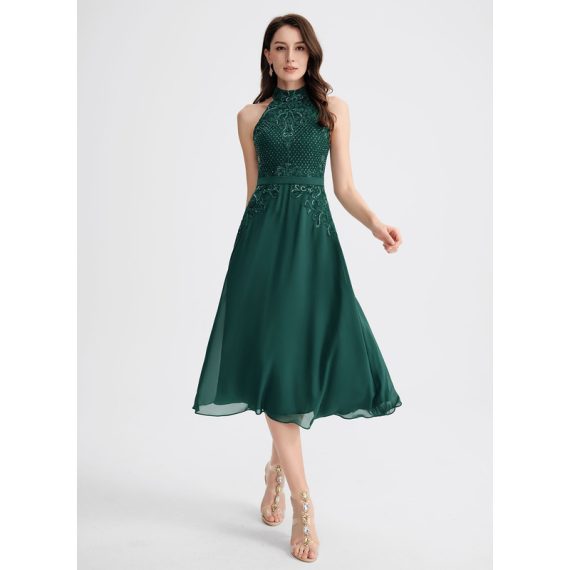 A-Line Scoop Tea-Length Chiffon Lace Cocktail Dress With Sequins