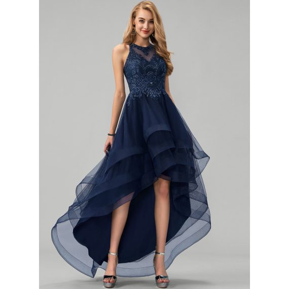 Ball-Gown/Princess Scoop Asymmetrical Tulle Prom Dresses With Beading Sequins
