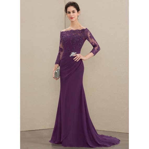 Trumpet/Mermaid Off-the-Shoulder Sweep Train Chiffon Lace Mother of the Bride Dress With Beading Sequins Pleated