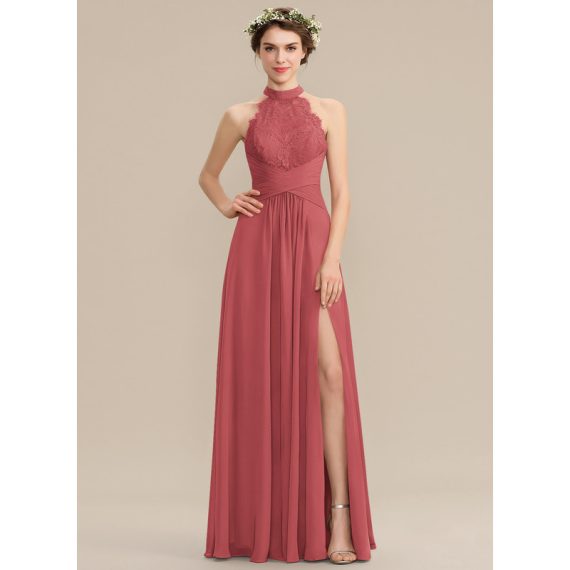 A-Line High Neck Floor-Length Chiffon Lace Bridesmaid Dress With Ruffle Split Front