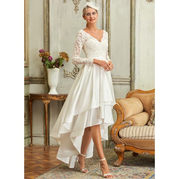 A-Line V-neck Asymmetrical Satin Lace Wedding Dress