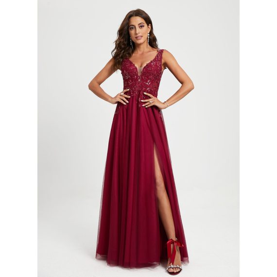 Ball-Gown/Princess V-Neck Floor-length Lace Tulle Prom Dresses With Sequins
