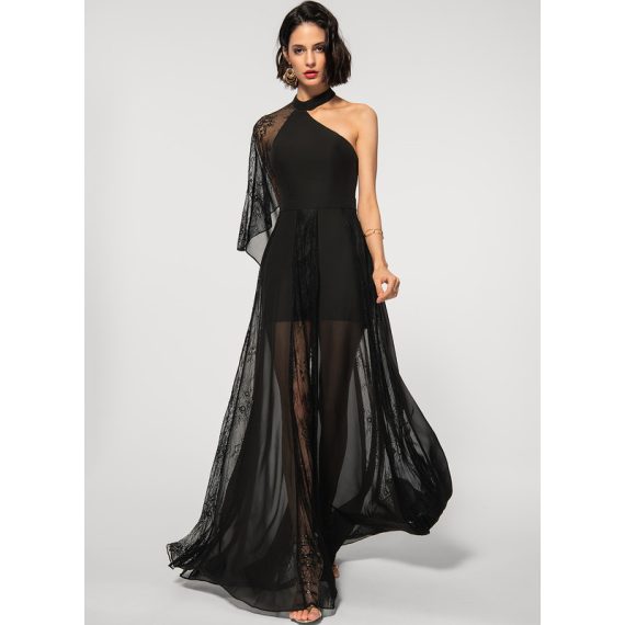 A-Line One-Shoulder Floor-Length Chiffon Lace Evening Dress