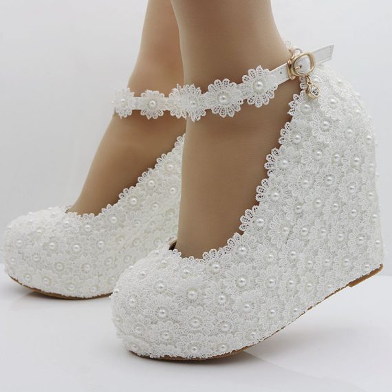 Women's Leatherette Wedge Heel High Heel Closed Toe With Lace ankle strap Pearl & Imitation Pearl