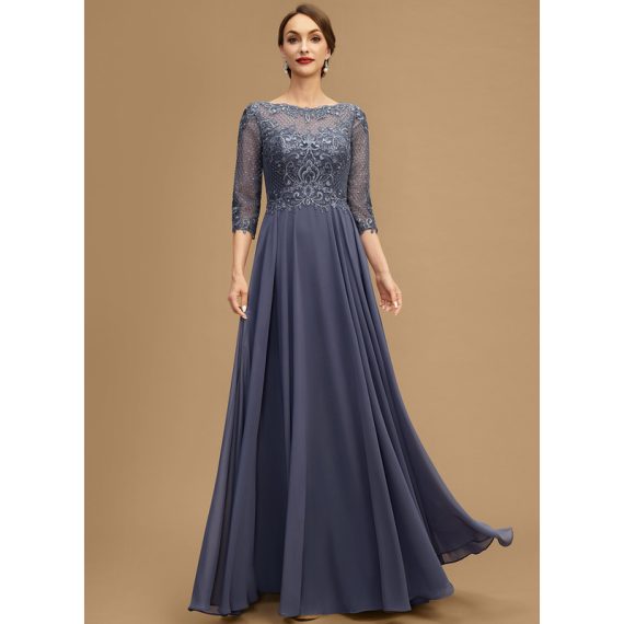 A-line Boat Neck Illusion Floor-length Chiffon Lace Mother of the Bride Dress With Sequins