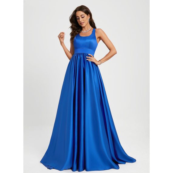 A-Line Scoop Sweep Train Satin Prom Dresses